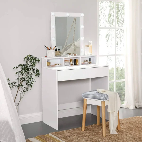 songmics RDT114W01 Sminkbord med spegel och glödlampor, sminkbord med 2 lådor och 3 öppna fack, sminkbord, modernt, vitt